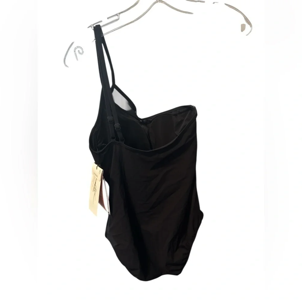 NWT Gottex One Shoulder One Piece Swimsuit Black Size 12 Mesh details adjustable